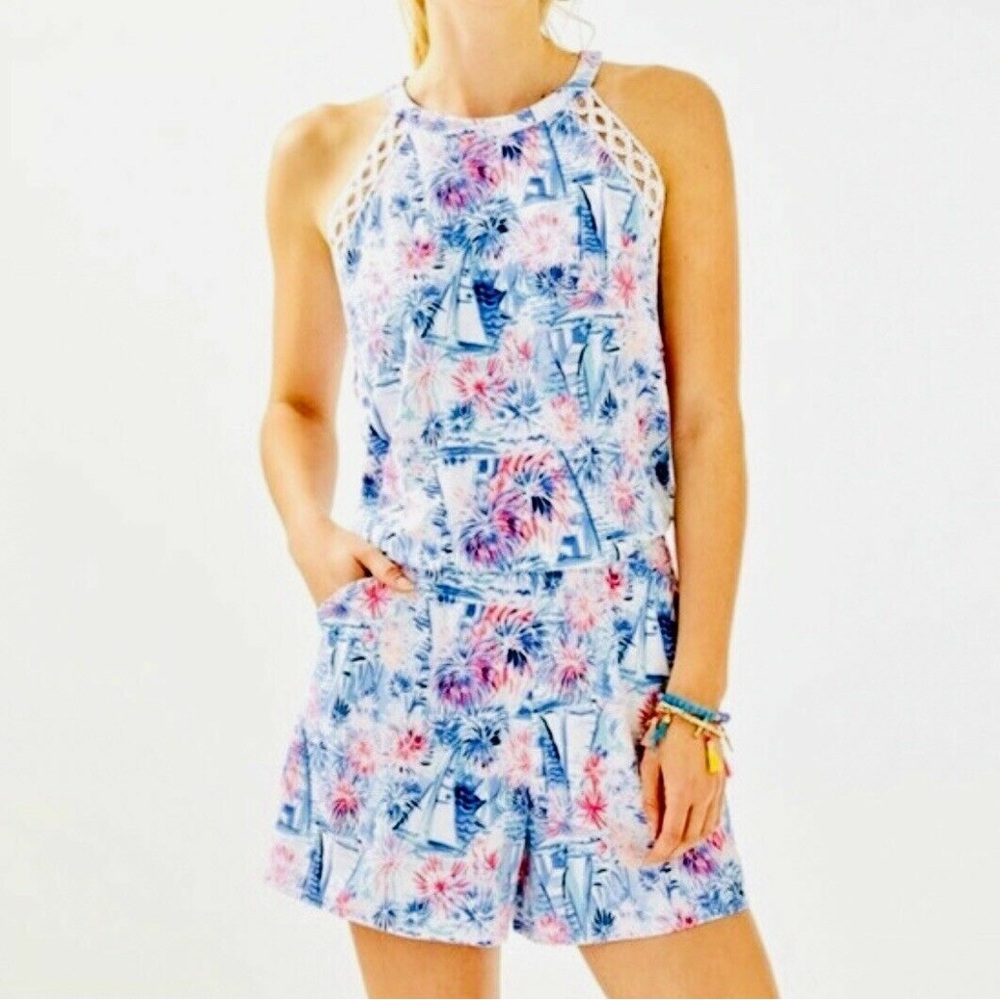Lilly Pulitzer Lala Romper in Crew Blue Tint. “Sea to Shining Sea” print.